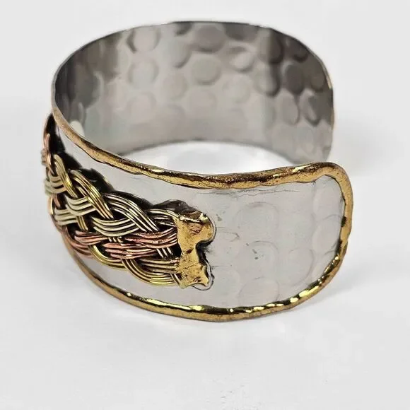 Tricolor Gold Silver Copper Plated Metal Cuff Bracelet Honeycomb‎ Braided Wide - Picture 4 of 10